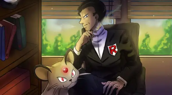 Giovanni z Pokémon GO, w garniturze z odznaką R, siedzi obok swojego Persian.