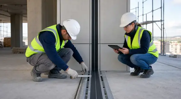 Operai misurano un giunto sismico in cantiere. Uno usa un metro, l'altra un tablet per registrare i dati.