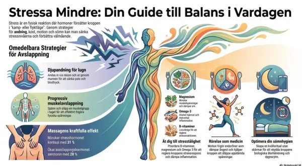 Grafik visar strategier för att reglera nervsystemet, inklusive djupandning, muskelavslappning, kost, motion och sömn.