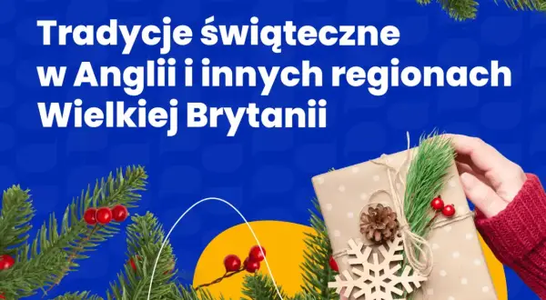 Tradycje świąteczne w Anglii i innych regionach Wielkiej Brytanii. Prezent ozdobiony gałązką świerku i płatkiem śniegu.