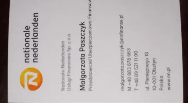 Wizytówka z logo Nationale-Nederlanden i danymi kontaktowymi Małgorzaty Paszczyk.