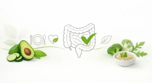 Zdrowa dieta z awokado i brokułami wspiera jak odbudować jelita. Symbol jelit z zielonym zaznaczeniem.