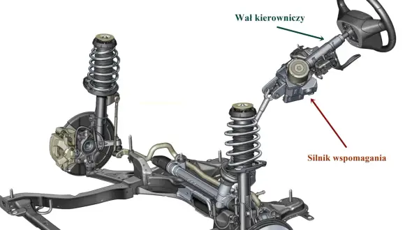 Układ kierowniczy z wałem i silnikiem wspomagania, kluczowy dla płynnej jazdy.