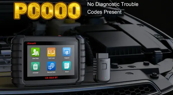Urządzenie diagnostyczne iCarsoft CR MAX BT pokazuje P0000, co oznacza brak kodów błędów. Idealne do sprawdzania stanu pojazdu.