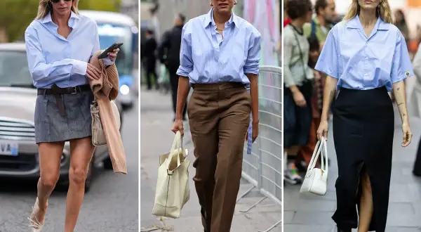 Tre donne sfoggiano una camicia azzurra in modi diversi: con minigonna, pantaloni marroni e gonna nera lunga.