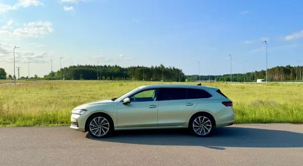 Jasnozielony superb plug-in na tle łąki i lasu. Idealny do podróży.