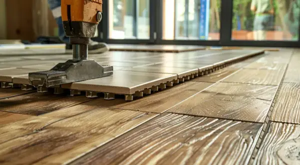 Pose d'un nouveau revêtement : on est en train de coller du carrelage sur du bois, avec un outil qui aide à ajuster les dalles.