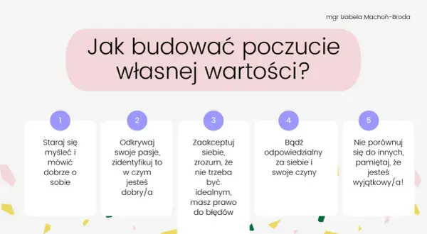 Jak budować poczucie własnej wartości? 5 kroków: myśl dobrze o sobie, odkrywaj pasje, akceptuj siebie, bądź odpowiedzialny, nie porównuj się.