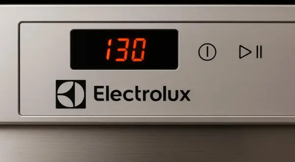 Zmywarka Electrolux wyświetla błąd i30. Czerwony wyświetlacz pokazuje kod 130, sygnalizując problem.