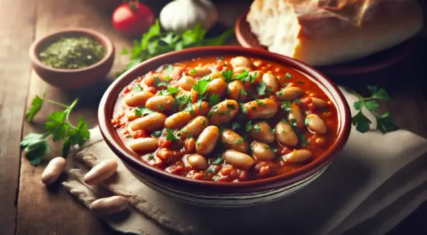 Un plat de loubia recette, des haricots blancs mijotés dans une sauce tomate savoureuse, garni de persil frais. Du pain et des épices en arrière-plan.