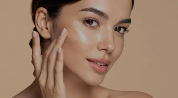 Donna applica il fondotinta con le dita, mostrando come si mette il fondotinta per un look naturale.