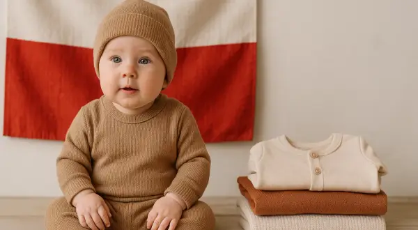 Urocze przebranie dla niemowlaka w beżowym kolorze, siedzącego przed polską flagą. Obok stosik ubranek.
