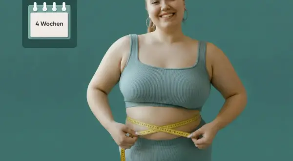 Frau misst ihren Bauch mit einem Maßband. Kalender-Icon zeigt "4 Wochen" an, was auf ein Ziel zum Abnehmen in 4 Wochen hindeutet.
