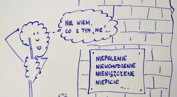 Postać z chmurką myśli "Nie wiem, co z tym nie..." stoi przed murem z napisem "Niepalenie, niewchodzenie, nieniszczenie, niepicie".