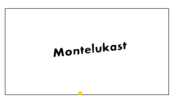 Napis "Montelukast" na białym tle. Mały żółty punkcik pod napisem.