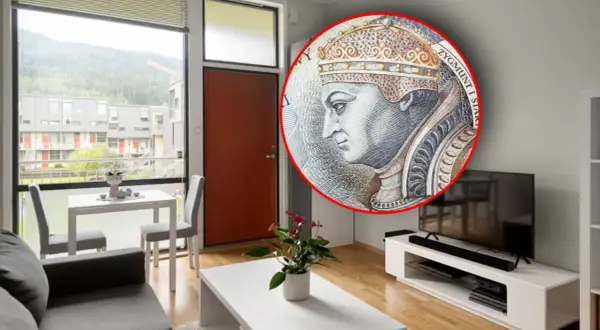 Nowoczesne mieszkanie z widokiem na góry. W rogu banknot z Zygmuntem, symbolizujący podatek od wynajmu.
