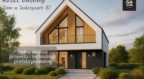 Nowoczesny dom w Jaskrzynach z dużymi oknami i drewnianymi elementami. Analiza kosztów budowy i technologii prefabrykowanej.