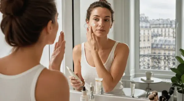 Une femme applique de la crème solaire sur son visage devant un miroir. C'est un bon rappel de quand mettre de la crème solaire pour protéger sa peau.