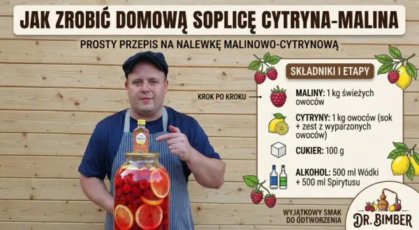 Mężczyzna w fartuchu wskazuje na słoik z malinami i cytrynami oraz małą butelkę Soplicy.