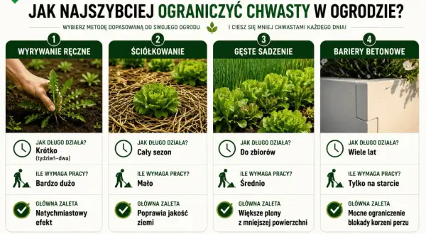 Porównanie metod zwalczania chwastów: ręczne wyrywanie, ściółkowanie, gęste sadzenie i bariery betonowe. Wybierz najlepszą dla swojego ogrodu.