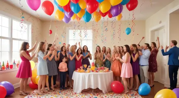 Glada människor firar 50 års fest med ballonger och konfetti.