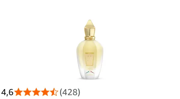 Elegancka butelka perfum Naxos Xerjoff, z płynem w kolorze złota i złotym korkiem.