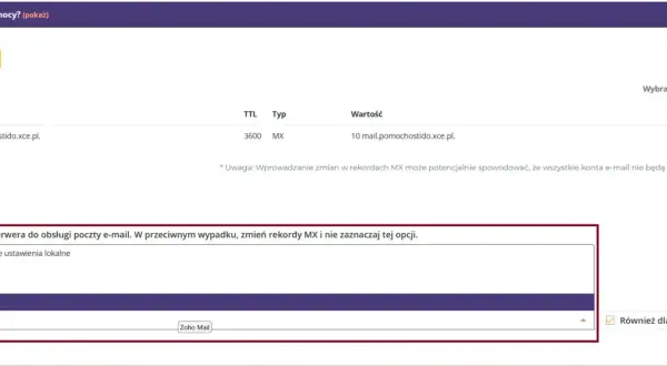 Konfiguracja rekordów DNS MX dla poczty e-mail. Wybrano Zoho Mail.