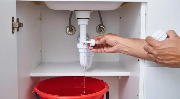 Mano che svita il tappo del foro troppopieno, acqua che gocciola in un secchio rosso.