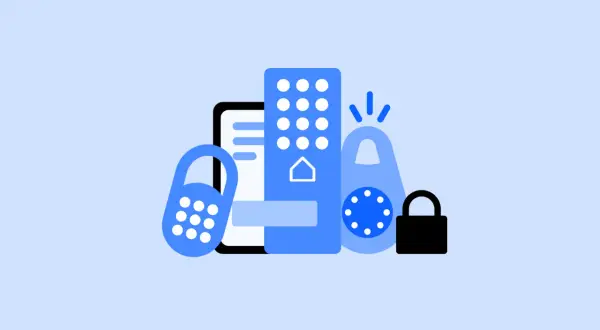 Icônes représentant un smartphone, un clavier numérique, un cadenas et une clé, symbolisant la sécurité et la gestion d'un smart lock Airbnb.