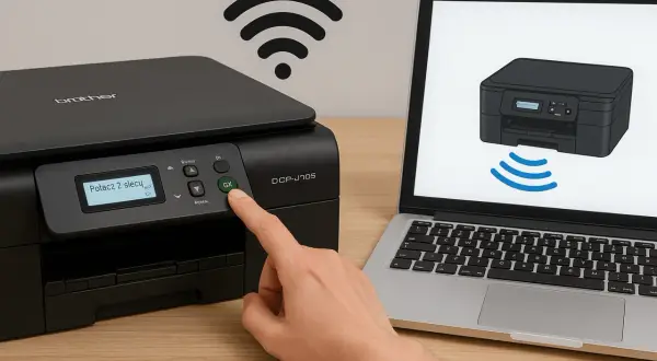 Instrukcja, jak połączyć drukarkę z internetem. Dłoń naciska przycisk "GX" na drukarce Brother DCP-J105, obok wyświetlacza z napisem "Połącz z siecią".
