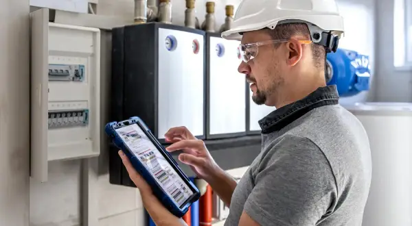 Technik w kasku i okularach ochronnych wykonuje przegląd instalacji gazowej, korzystając z tabletu.