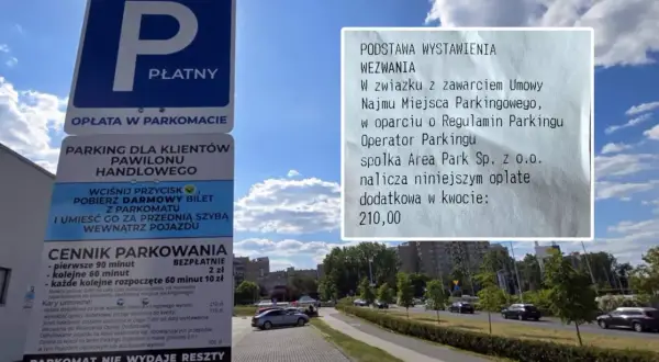 Mandat za brak biletu parkingowego na kwotę 210 zł. Na znaku informacja o opłatach i cenniku parkingu.
