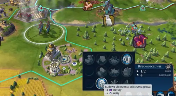 Gra Civilization VI: poradnik. Widok mapy z jednostkami, budynkami i menu budowniczych.