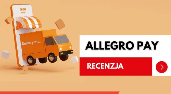 Dostawa z Allegro Pay raty: ciężarówka wyjeżdża z telefonu, obok napisy "Allegro Pay" i "Recenzja".