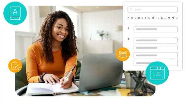 A woman smiles while working on her laptop, taking notes. Icons suggest a digital workflow, perhaps related to digital watermarking for content protection.