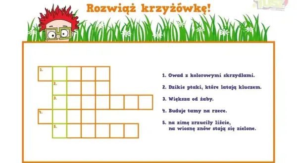 Zabawne zagadki rysowane na kartce zachęcają do rozwiązania krzyżówki.