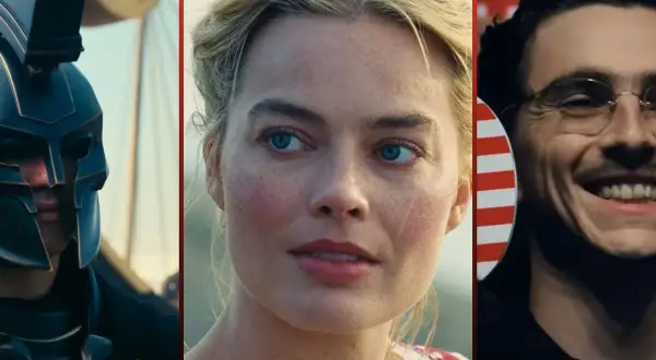 Trzy kadry z nadchodzących **premiery kinowe**: wojownik w hełmie, Margot Robbie i uśmiechnięty mężczyzna.