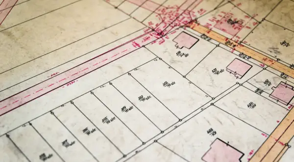 Stary plan geodezyjny z zaznaczonymi numerami działek i budynkami. Każdy identyfikator działki ewidencyjnej jest wyraźnie widoczny.