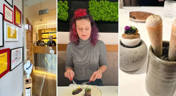 Elegancka restauracja z gwiazdką Michelin w Polsce. Kobieta delektuje się wykwintnym daniem, a obok stoją artystycznie podane przekąski.