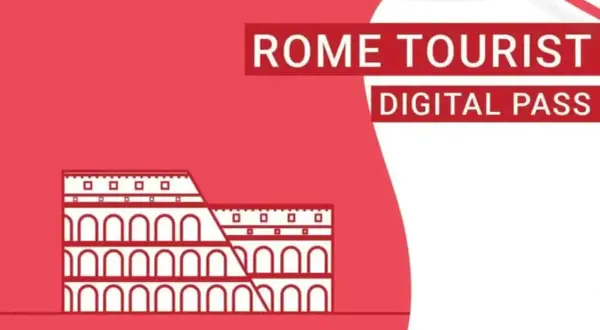Koloseum na tle napisu "ROME TOURIST DIGITAL PASS". Twój bilet do Rzymu!