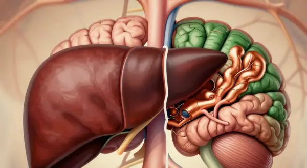 Anatomical illustration showing the liver and brain, highlighting how **choroba Wilsona** affects both organs due to copper accumulation.