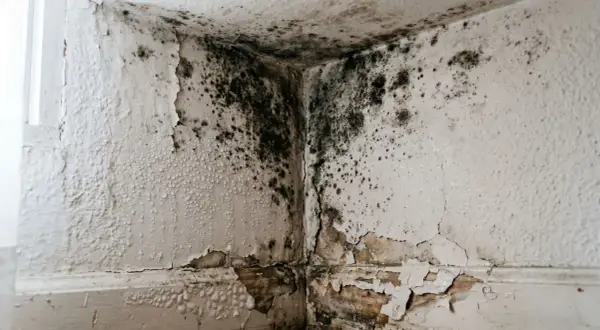 Esquina de pared con moho negro y pintura descascarada, evidencia de condensación en la pared.