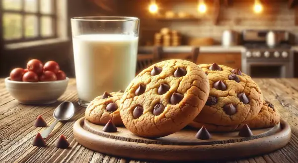 Galletas de chocolate recién horneadas, con un vaso de leche y cerezas, listas para disfrutar. La masa de galletas perfecta para cualquier ocasión.