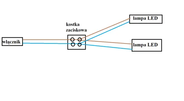 Schemat podłączenia lampy LED z włącznikiem przez kostkę zaciskową. Dwa przewody zasilające łączą się w kostce, a następnie rozchodzą do dwóch lamp LED.