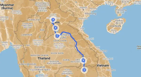 Reiseroute für Laos-Backpacking: Von Luang Prabang über Vientiane nach Süden.