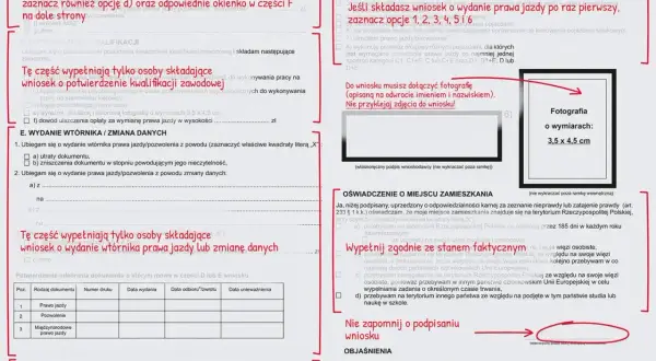Zdjęcie przedstawia formularz wniosku o wydanie prawa jazdy. W sekcji "G. OŚWIADCZENIA" znajduje się pole do zaznaczenia, jeśli składasz wniosek o wydanie prawa jazdy po raz pierwszy, a także miejsce na zdjęcie.
