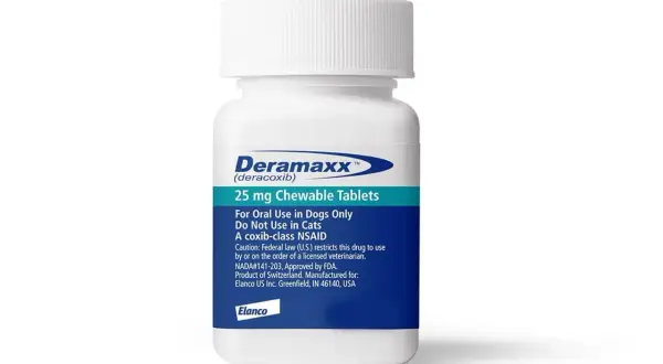 Pojemnik z tabletkami Deramaxx 25 mg dla psów, zawierający lek przeciwzapalny.