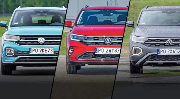 Trzy Volkswagen SUV w różnych kolorach: turkusowy, czerwony i szary.