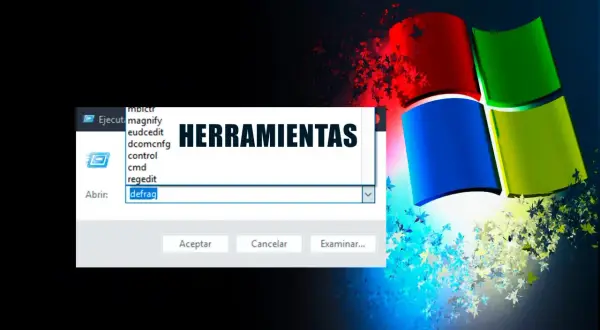 Ventana de comandos de Windows con "defrag" escrito, lista de herramientas y el logo de Windows.
