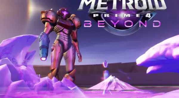 Samus Aran w lśniącej zbroi na fioletowej, krystalicznej planecie. Logo Metroid Prime 4: Beyond w tle.